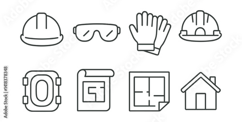 Line vector icons of construction and repair: construction helmet, safety glasses, gloves, hard hat, knee pads, construction plan, blueprint, house.