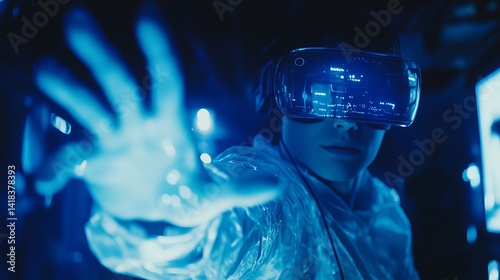 Wallpaper Mural Person wearing vr headset reaching out with hand in a dark blue illuminated virtual environment scene Torontodigital.ca