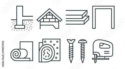 Line vector icons of construction and repair: foundation, roof, overlaps, door frame, insulation, thermal padding, screws, jigsaw.