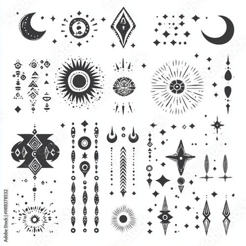 Collection of celestial and geometric tattoo style illustrations