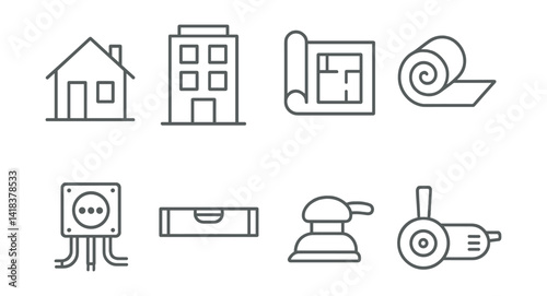 Line vector icons of construction and repair: house, building, blueprint, insulation, wiring, level, sander, grinder.