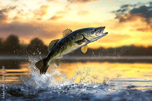 Dramatic moment as bass fish jumps out the water in a dynamic scene