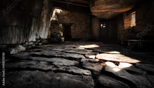 Dramatic low key lighting on ancient stone threshing floor