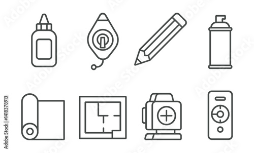 Line vector icons of construction and repair: marking chalk, chalk reel, construction pencil, spray marker, masking paper, layout plan, cross laser, alignment gauge.
