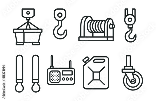 Line vector icons of construction and repair: material hoist, crane hook, winch, pulley, lifting straps, site radio, fuel canister, scaffold wheel.