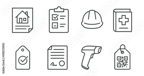 Line vector icons of construction and repair: building permit, inspection form, engineer helmet, safety manual, compliance tag, construction contract, barcode scanner, QR tag.