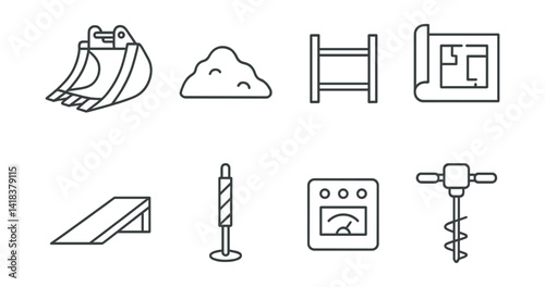Line vector icons of construction and repair: excavation bucket, soil pile, trench box, site plan, access ramp, marking pole, control panel, ground drill.