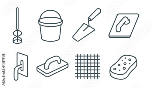 Line vector icons of construction and repair: mixing paddle, plaster bucket, stucco trowel, hawk board, corner trowel, surface float, render mesh, wet sponge.