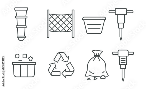 Line vector icons of construction and repair: garbage chute, debris net, disposal bin, demolition tool, waste separator, recycling icon, rubble bag, demolition hammer.