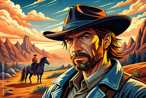 Landscape Sunset illustration of a cowboy portrait and horse in the desert