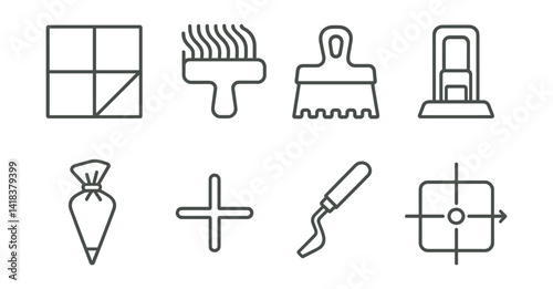 Line vector icons of construction and repair: ceramic tile, adhesive comb, notch trowel, leveling clip, grout bag, tile spacer, joint cleaner, laser square.