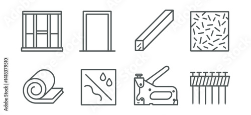 Line vector icons of construction and repair: wall frame, door frame, timber joist, OSB panel, insulation wool, vapor film, construction stapler, nail strip.
