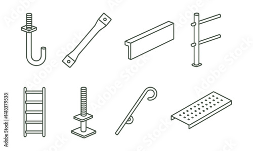 Line vector icons of construction and repair: scaffold anchor, diagonal brace, toe board, guardrail, scaffold ladder, base plate, locking pin, platform deck.