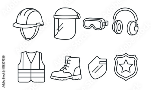 Line vector icons of construction and repair: safety helmet, chin strap, face shield, goggles, ear muffs, vest with reflectors, steel toe boots, safety badge.