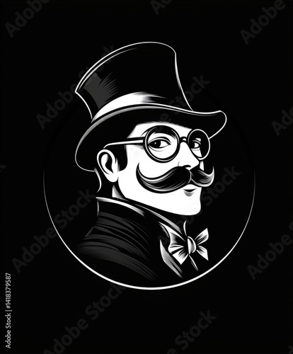 Illustration of a man with top hat mustache glasses and bow tie in black