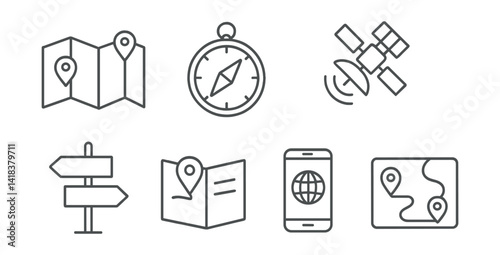 Line vector icons of navigation tools: map, compass, navigator, GPS, pointer, guide, travel app, route.