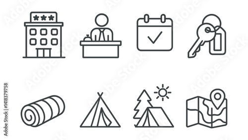 Line vector icons of accommodations: hotel, reception, reservation, room key, sleeping bag, tent, camping, location map.