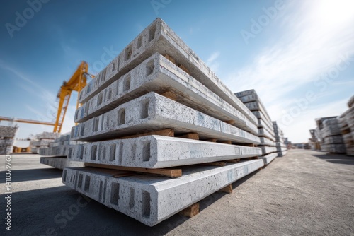 Stacked Concrete Slabs Ready for Construction Site Use in Bright Daylight