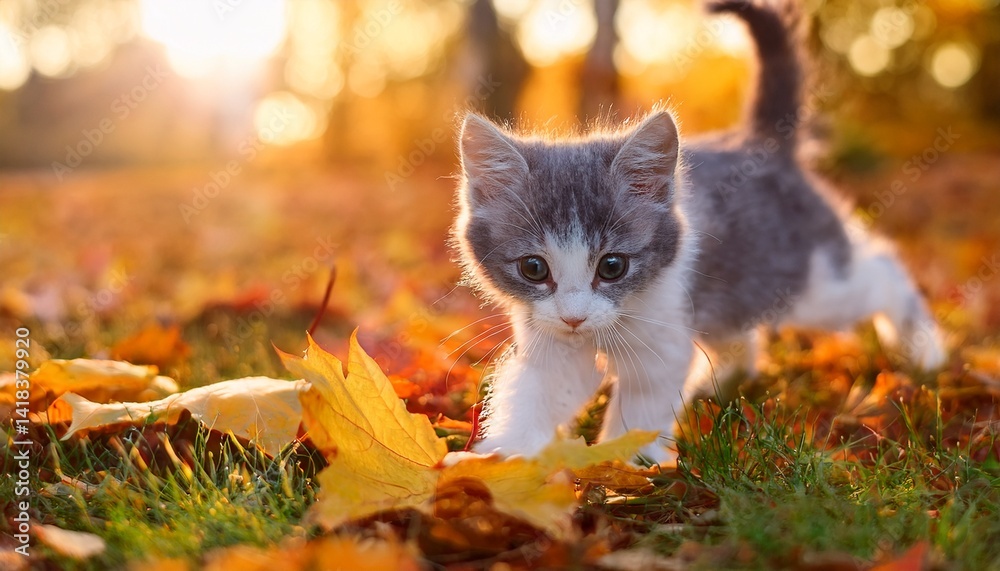 Fototapeta premium Gray white kitten hunts for autumn leaves