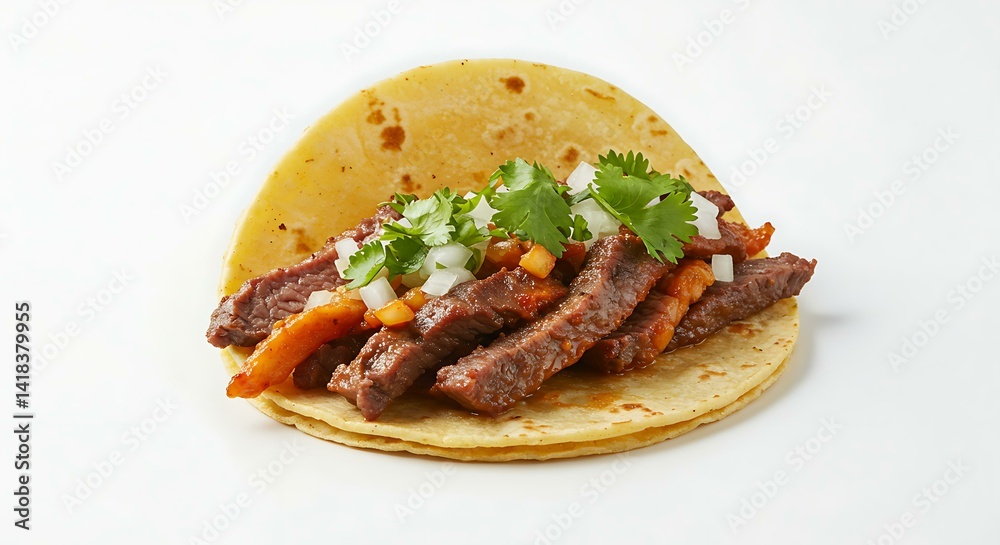Street style taco with grilled meat on a white background Street. Mexican food Street style taco with grilled meat on a white background Street. Mexican food