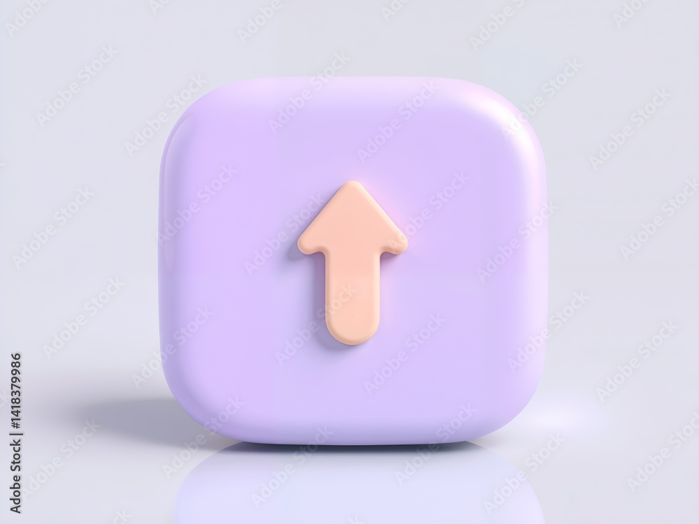 3D pastel purple square button with up arrow icon, rendered with soft shadows and modern minimal design. Generative AI