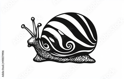 A monochrome illustration of a snail with a striped shell and antennae