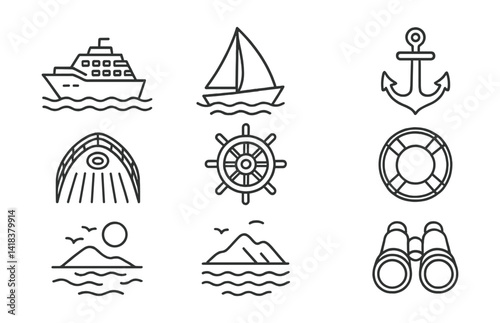 Line vector icons of cruise adventure: cruise, yacht, deck, helm, anchor, life preserver, seascape, binoculars.