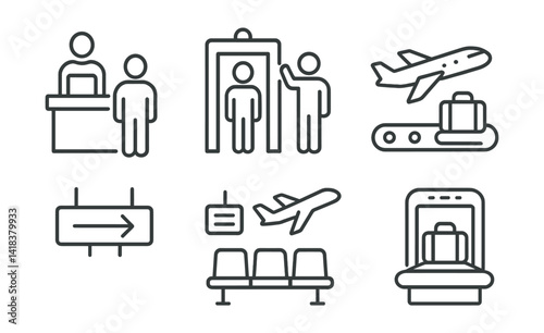 Line vector icons of airport navigation: check-in, control, gate, luggage belt, signpost, scoreboard, departure zone, scanner.