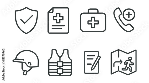 Line vector icons of travel insurance and safety: insurance, medical card, first aid kit, emergency call, documents, helmet, life jacket, map with evacuation.