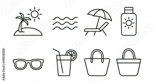 Line vector icons of seaside holidays: beach, waves, sunbed, umbrella, sunscreen, sunglasses, drink, beach bag.