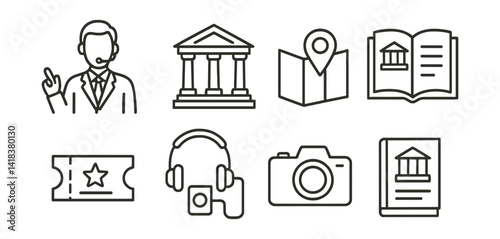 Line vector icons of cultural travel: guide, museum, map, book, ticket, audio guide, camera, travel guide.