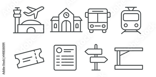 Line vector icons of transportation hub: airport, station, bus, train, ticket, schedule, sign, platform.