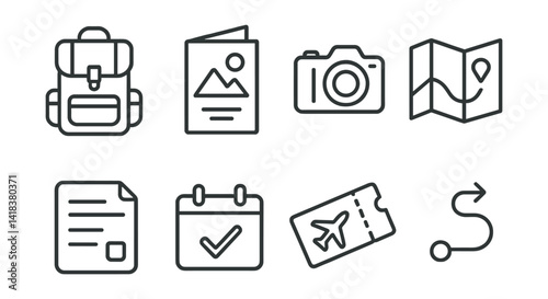Line vector icons of solo travel: backpack, guidebook, camera, map, plan, reservation, ticket, trail.