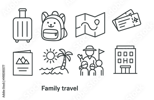 Line vector icons of family travel: suitcase, children's backpack, map, tickets, guidebook, beach, tour, hotel.