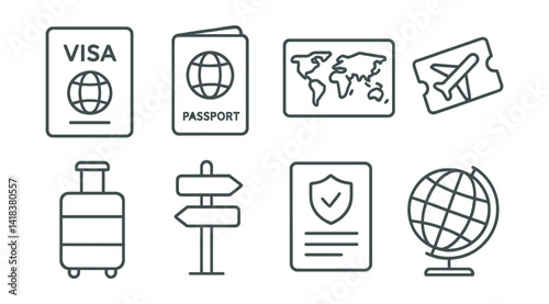 Line vector icons of international travel: visa, passport, world map, ticket, suitcase, index, insurance, globe.