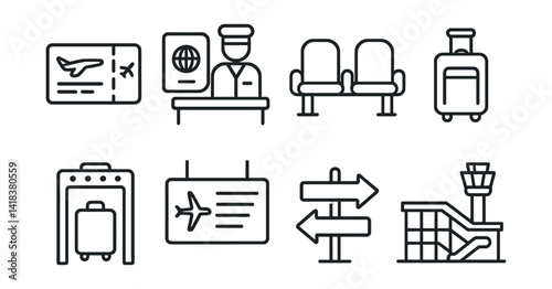 Line vector icons of airport experience: boarding pass, passport control, waiting area, luggage, scanner, scoreboard, sign, terminal.