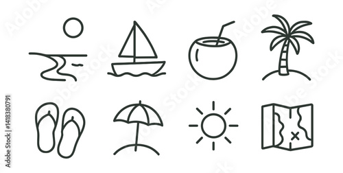 The beach, boat, coconut, palm tree, co -tan, umbrella, sun, sea map.