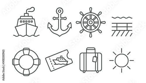 Line vector icons of cruise ship travel: liner, anchor, helm, deck, life preserver, ticket, suitcase, sun.