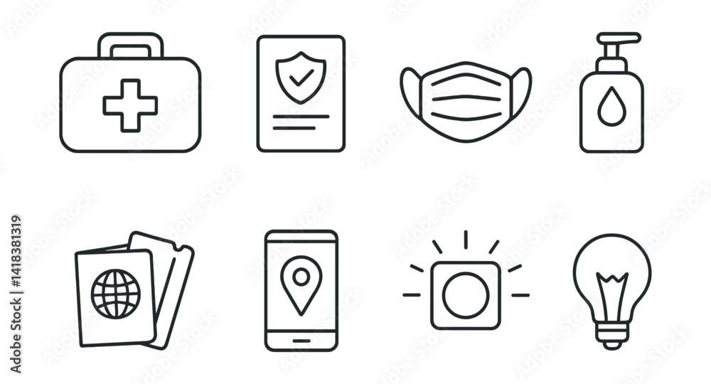 Line vector icons of travel safety items: first aid kit, insurance, mask, gel, documents, gps, panic button, lamp. Line vector icons of travel safety items: first aid kit, insurance, mask, gel, documents, gps, panic button, lamp.