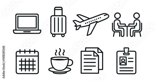 Line vector icons of travel for work: laptop, suitcase, plane, meeting, calendar, coffee, documents, pass.