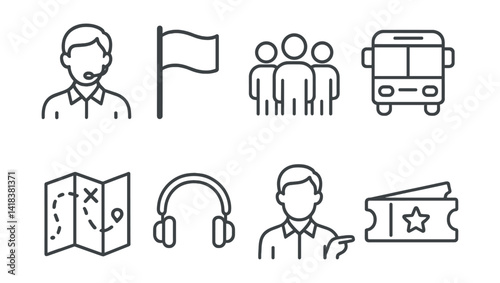 Line vector icons of group travel: guide, flag, group, bus, map, headphones, tour, ticket.