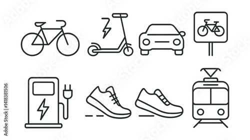 Line vector icons of sustainable transport: bicycle, electric scooter, EV car, bike lane, charging port, walking shoes, carpool icon, tram.
