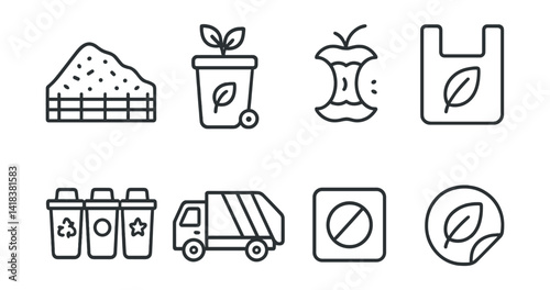 Line vector icons of waste management: landfill, compost bin, food waste, biodegradable bag, sorting bins, trash truck, waste label, eco sticker.