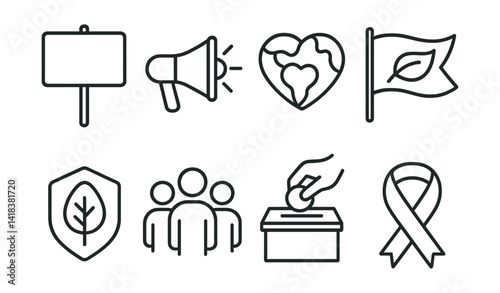 Line vector icons of environmental activism: protest sign, megaphone, globe heart, green flag, tree badge, group of people, donation box, campaign ribbon.