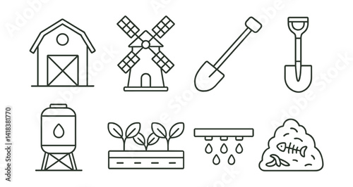 Line vector icons of eco-farming: barn, windmill, hoe, shovel, water tank, vegetable bed, irrigation pipe, compost pile.