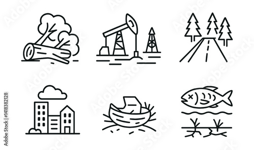 Line vector icons of habitat destruction: fallen tree, oil field, road in forest, dead fish, urban sprawl, broken nest, bulldozer, barren land.