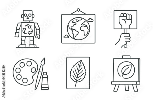 Line vector icons of environmental art: recycled sculpture, earth mural, nature photography, protest banner, art supplies, leaf print, upcycled canvas, eco logo.