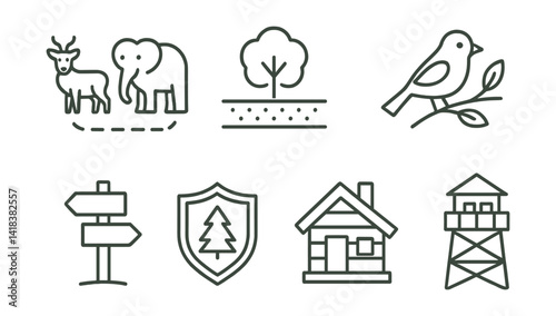Line vector icons of nature conservation zones: wildlife corridor, buffer zone, habitat icon, trail marker, protected sign, ranger station, eco hut, watchtower.