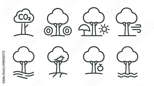 Line vector icons of tree benefits: carbon absorption, oxygen output, shade tree, windbreak, erosion control, habitat tree, food source, water retention.
