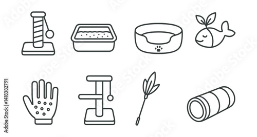 Line style icons of cat essentials: scratching post, litter box, cat bed, catnip toy, grooming glove, climbing tree, feather wand, cat tunnel.